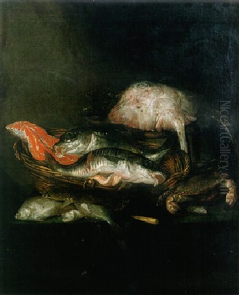 A Ray On A Barrel, A Salmon Steak, With Other Fish, A Knife And A Crab On A Draped Table Oil Painting by Abraham van Beyeren