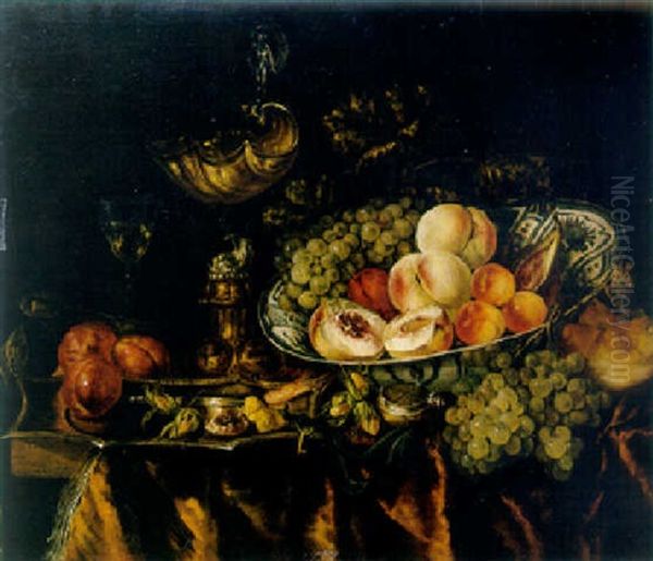 Peaches And Other Fruit In A Dish, A Bun, Grapes, A Watch, Shrimp, Hazelnuts, Plums, And Sweetmeat On A Puntschotel, A Nautilus Shell On A Stand, And A Wineglass On A Draped Table Oil Painting by Abraham van Beyeren