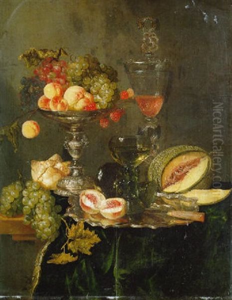 Nectarines, Peaches And Other Fruit On A Silver Tazza, Two Roemers And Other Objects On A Table With A Green Velvet Cloth Oil Painting by Abraham van Beyeren