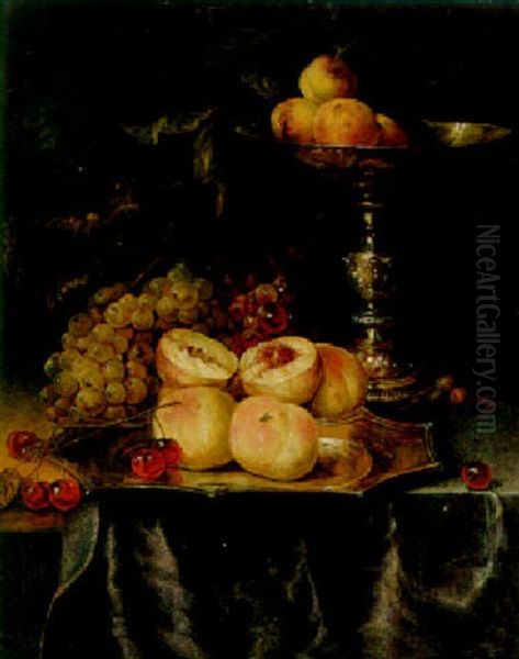 Peaches And Cherries On A Silver-gilt Plate Oil Painting by Abraham van Beyeren