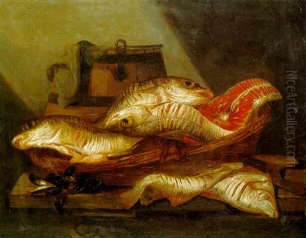 A Basket Of Fish With A Bucket And Mussels On A Table Oil Painting by Abraham van Beyeren