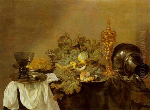 Still Life With Fruits, Bread And A Roemer Of Wine On Pewter Plates, Together With A Gilt Cup And Other Objects Upon A Draped Table Oil Painting by Abraham van Beyeren