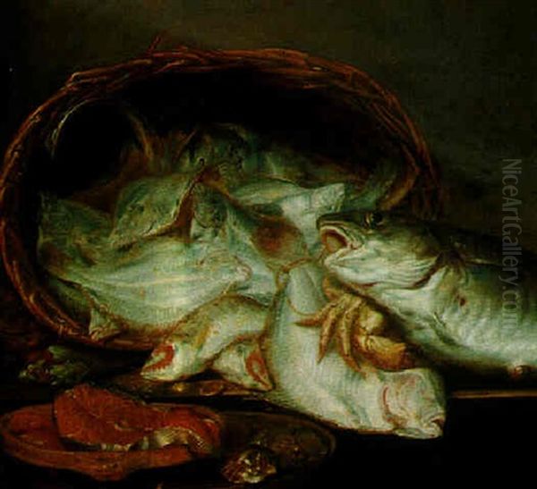 A Still Life Of Assorted Fish In A Basket With Crabs, Salmon And Oysters On A Barrel Oil Painting by Abraham van Beyeren