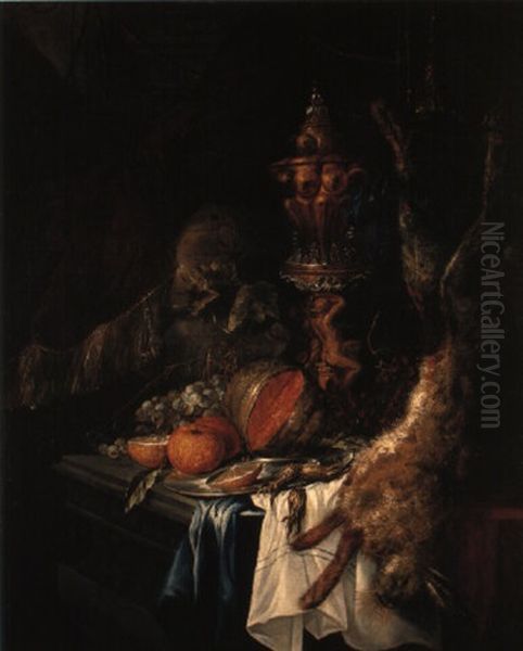 A Dead Hare, Fruit, Plate And Globe On A Partially Draped Ledge Oil Painting by Abraham van Beyeren