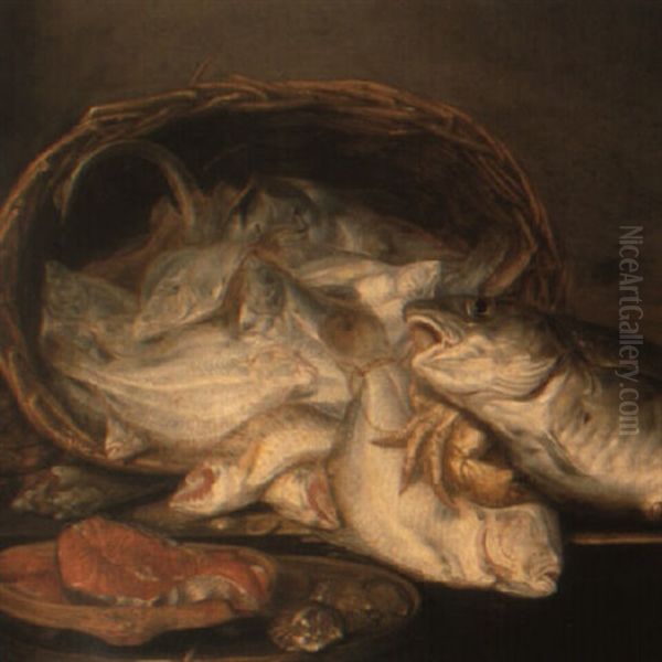 A Still Life Of Assorted Fish In A Basket With Crabs, Salmon And Oysters Oil Painting by Abraham van Beyeren