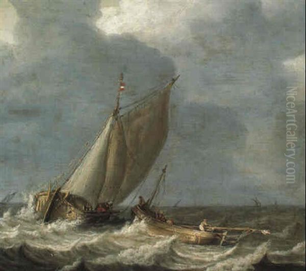 Marine A La Barque Revenant Vers Un Navire De Peche Oil Painting by Abraham van Beyeren