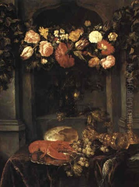 A Still Life With A Lobster, Flowers, Roemer And Grapes On A Draped Table Oil Painting by Abraham van Beyeren