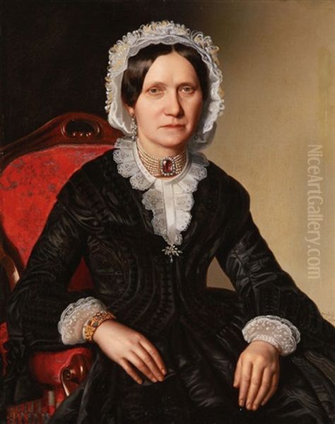 Portrait Of A Woman With Lace Dress And Ornate Jewelry Oil Painting by Ludwig Beyfuss