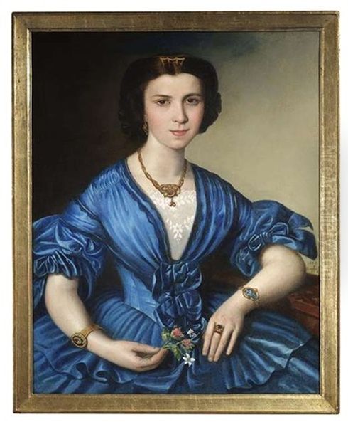 Bildnis Einer Jungen Dame Im Blauen Atlaskleid Mit Einem Kleinen Blumenstrauschen Oil Painting by Ludwig Beyfuss