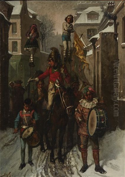 The Circus Coming Into Town On A Snowy Evening Oil Painting by Pierre-Marie Beyle