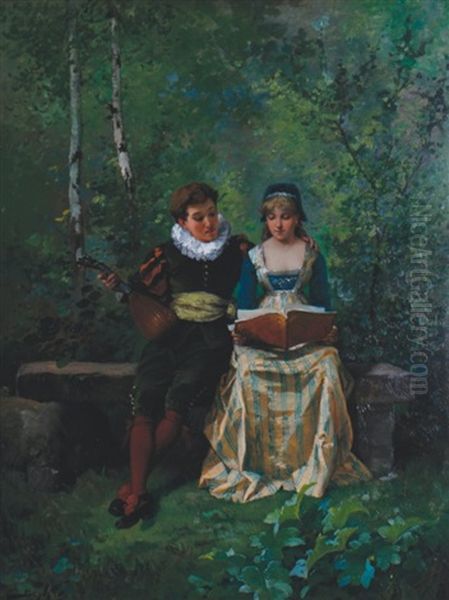 Lovers In A Garden Oil Painting by Pierre-Marie Beyle