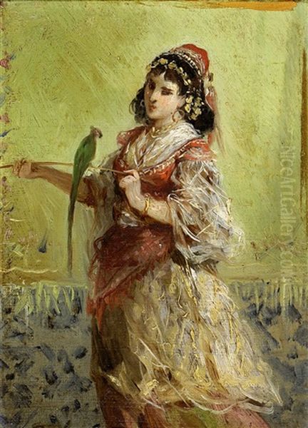 La Belle Orientale Au Perroquet Oil Painting by Pierre-Marie Beyle