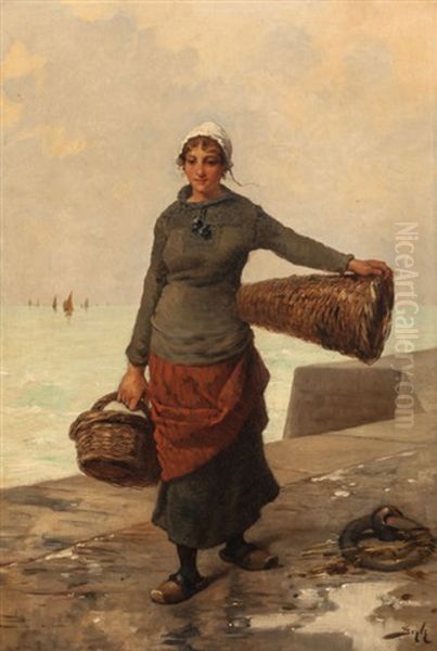 Woman Walking On Pier Oil Painting by Pierre-Marie Beyle