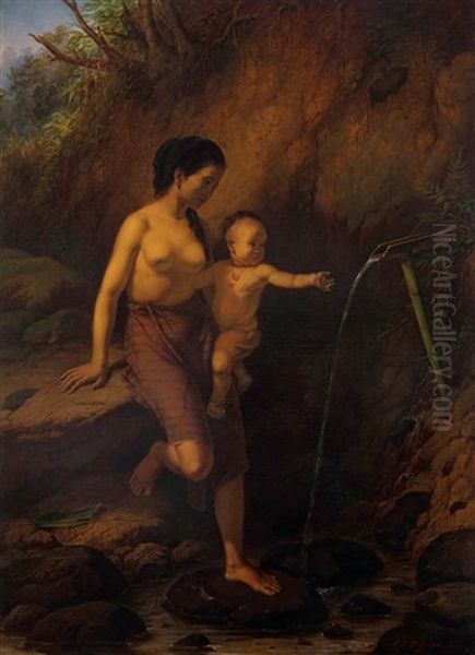 Mere Et Enfant A La Source (mother And Child At The Source) Oil Painting by Jan Daniel Beynon