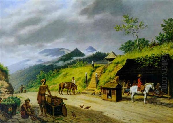 Landstrasse In Javanischer Gebirgslandschaft Oil Painting by Jan Daniel Beynon