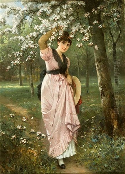 Elegante Dame In Altrosafarbenem Kleid Unter Einem Kirschblutenbaum Oil Painting by Robert Julius Beyschlag