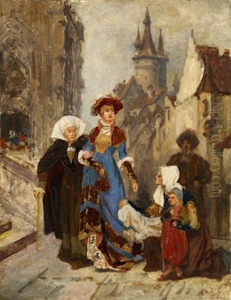 Das Almosen. Historisierende Szene In Einer Altdeutschen Stadt Oil Painting by Robert Julius Beyschlag