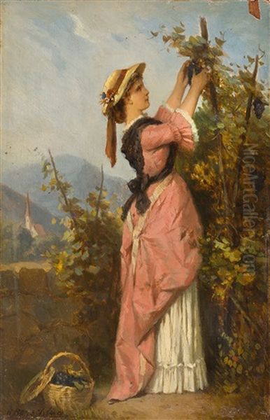 Junge Frau Beim Weitrauben Pflucken Oil Painting by Robert Julius Beyschlag