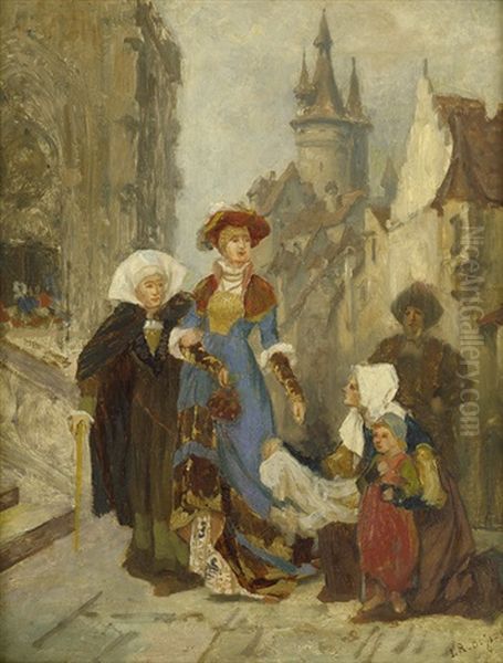 Die Almosenspende (eine Edeldame Reicht Einer Bedurftigen Mutter Ein Almosen) Oil Painting by Robert Julius Beyschlag