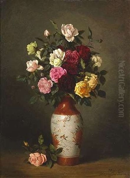 Bunte Rosen In Einer Asiatischen Vase by Robert Julius Beyschlag