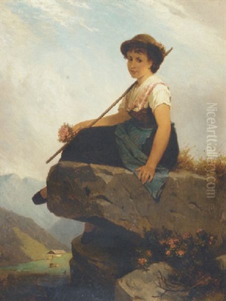 A Girl Seated On A Rock Holding A Staff And A Posy Of Flowers Oil Painting by Robert Julius Beyschlag