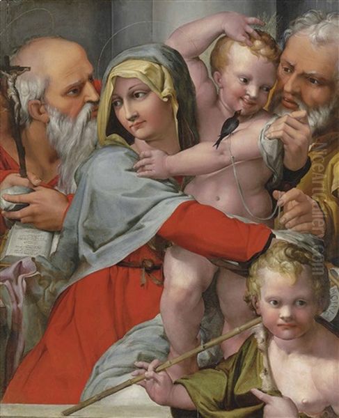 The Holy Family With Saints John The Baptist And Jerome Oil Painting by Giovanni Francesco (il Nosadella) Bezzi