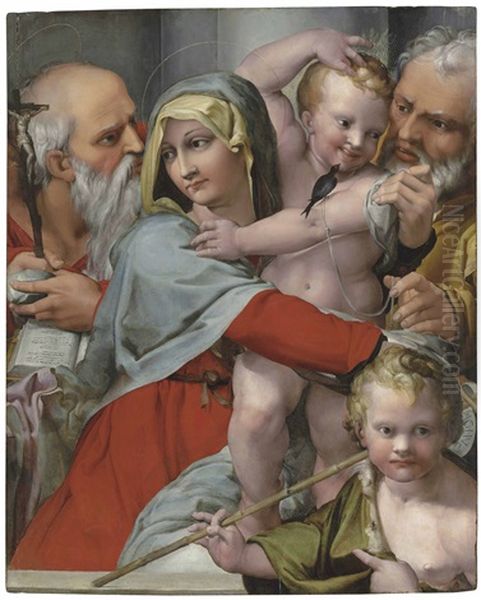 The Holy Family With Saints John The Baptist And Jerome Oil Painting by Giovanni Francesco (il Nosadella) Bezzi