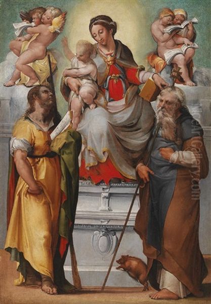 Madonna And Child With Saints James The Less And Antony Abbot Oil Painting by Giovanni Francesco (il Nosadella) Bezzi