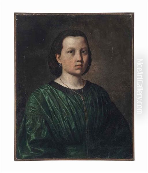 Portrait Of A Young Woman, Half-length, In A Green Dress And A Gold Necklace Oil Painting by Giuseppe Bezzuoli