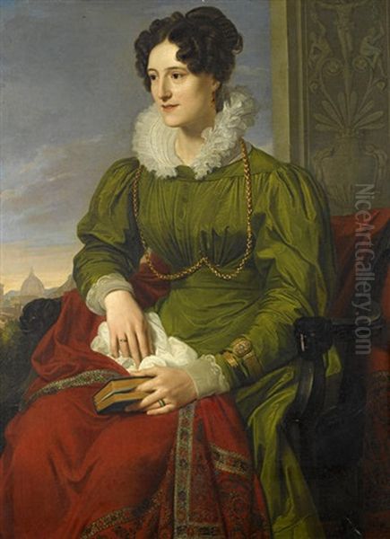 Portrait Of A British Cavalry Officer, Seated, In Military Attire Wearing A Waterloo Medal (+ Portrait Of His Wife, Seated, Wearing A Green Dress...; Pair) by Giuseppe Bezzuoli