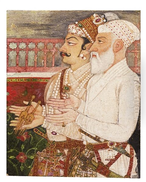 Man Singh With Khan Jahan Koka Presenting The Keys Of Daulatabad Fortress To Emperor Aurangzeb (a Fragment) Oil Painting by  Bhavanidas