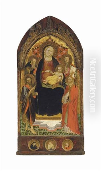 The Madonna And Child Enthroned, With Saints John The Baptist, Anthony Abbot, A Bishop Saint, And An Evangelist, With Roundels Of The Dead Christ, The Virgin Mary And Saint John The Evangelist Oil Painting by Battista Di Biagio Sanguigni