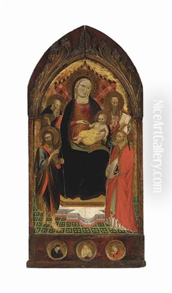 The Madonna And Child Enthroned, With Saints John The Baptist, Anthony Abbot, A Bishop Saint, And An Evangelist Oil Painting by Battista Di Biagio Sanguigni