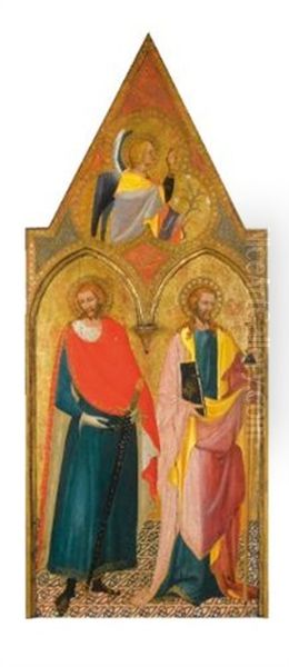 The Left Wing Of The Santa Maria A Latera Altarpiece: Saints Julian And James The Greater And The Archangel Gabriel Oil Painting by Battista Di Biagio Sanguigni