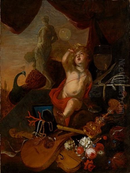 Vanitas-stillleben Mit Putto Mit Seifenblase, Korallen-, Glas- Und Silberobjekten, Schmuck, Musikinstrumenten, Steinskulptur, Pfau, Blumen Und Buchern Oil Painting by Federico Bianchi