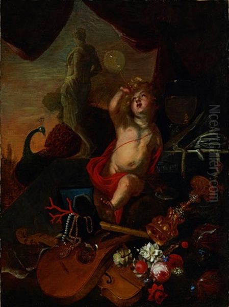 Vanitas-stillleben Mit Putto Mit Seifenblase, Korallen-, Glas- Und Oil Painting by Federico Bianchi