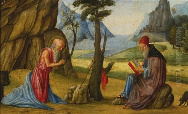 Saint Jerome And Saint Anthony Abbott In A Mountainous Landscape Oil Painting by Francesco Bianchi