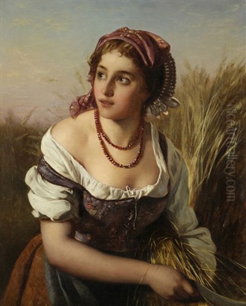 A Girl Harvesting Oil Painting by Luigi Bianchi