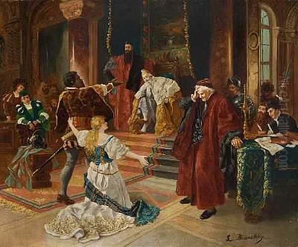 En Ung Kvinde Falder Pa Knae Ved Siden Af En Sort Mand Foran En Trone (fra Shakespeares Othello?) Oil Painting by Luigi Bianchi