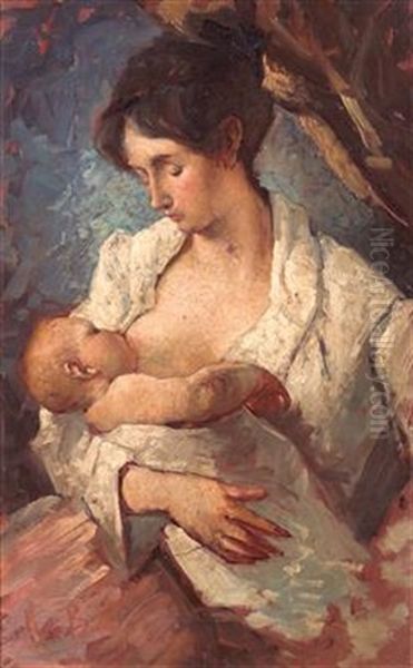 Mother Breastfeeding Oil Painting by Mose di Giosue Bianchi