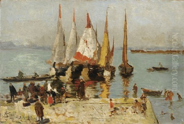 Bateaux Sur La Lagune, Venise Oil Painting by Mose di Giosue Bianchi