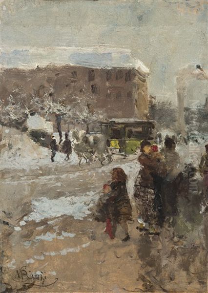 Il Carrobbio Sotto La Neve Oil Painting by Mose di Giosue Bianchi