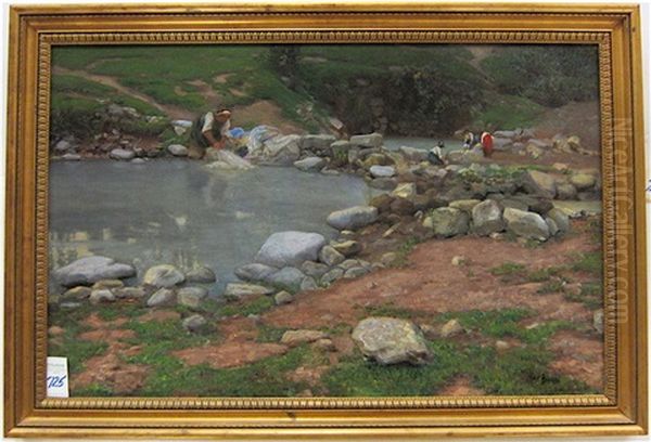 Four Italian Women Doing Laundry In River Pools Using Boulders As Wash Boards by Mose di Giosue Bianchi