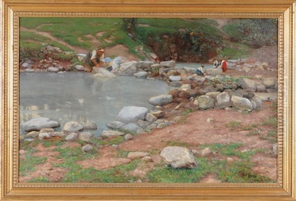 Italian Women Doing Laundry In Pools Amid Boulders Oil Painting by Mose di Giosue Bianchi