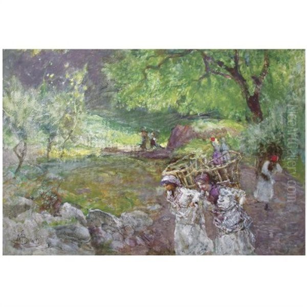 Girls With Fruit Baskets In A Landscape Oil Painting by Mose di Giosue Bianchi