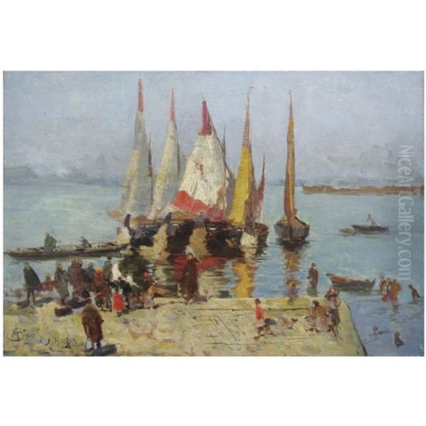 Sailing Boats On The Lagoon, Venice ( + Sketch Of A Venetian Carnical, Verso) Oil Painting by Mose di Giosue Bianchi