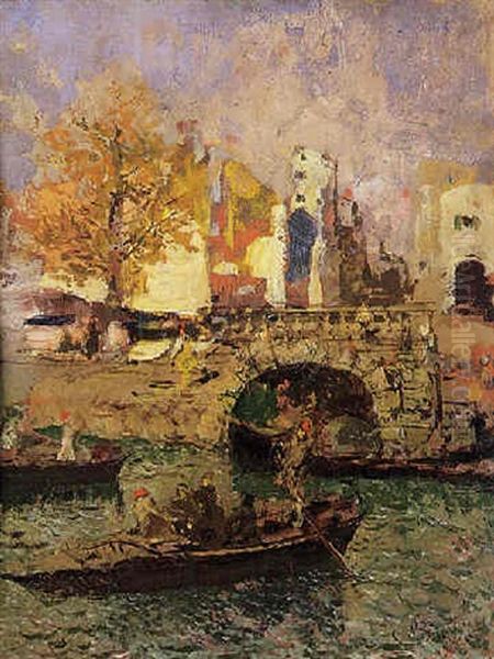 La Darsena Di Porta Ticinese Oil Painting by Mose di Giosue Bianchi