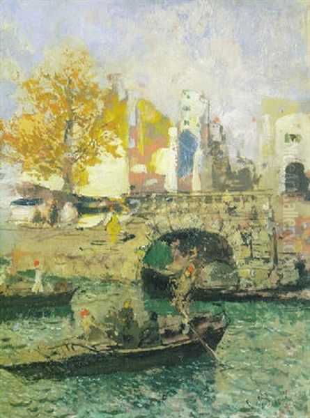 La Darsena Di Porta Ticinese Oil Painting by Mose di Giosue Bianchi