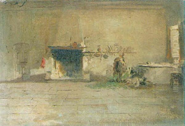 Figure By A Fireplace In An Interior Oil Painting by Mose di Giosue Bianchi