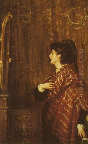 A Portrait Of The Artist's Wife Looking At Herself In A Mirror Oil Painting by Mose di Giuseppe Bianchi